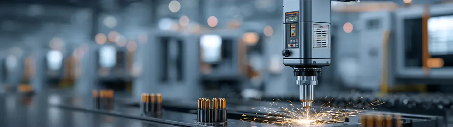 A CNC laser cutting machine emits bright sparks as it cuts through the metal surface, and bullet casings are lined up all around.